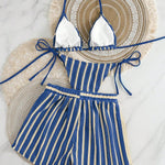 Blue Striped Crochet Triangle Bikini Set With Cover Up Shorts