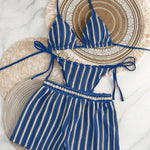 Blue Striped Crochet Triangle Bikini Set With Cover Up Shorts