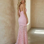 Pink Floral Lace Halter Neck Ruched High Slit Maxi Dress