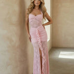 Pink Floral Lace Halter Neck Ruched High Slit Maxi Dress