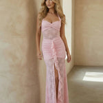 Pink Floral Lace Halter Neck Ruched High Slit Maxi Dress