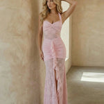 Pink Floral Lace Halter Neck Ruched High Slit Maxi Dress