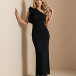 Black One-Shoulder Ruffled Bodycon Maxi Dress