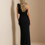Black One-Shoulder Ruffled Bodycon Maxi Dress