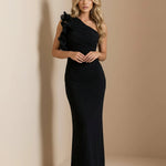 Black One-Shoulder Ruffled Bodycon Maxi Dress