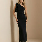 Black One-Shoulder Ruffled Bodycon Maxi Dress