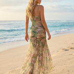 Green Floral Print Mesh Corset Ruched Slit Maxi Dress