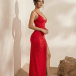 Red Deep V-Neck Ruched Bodycon High Slit Maxi Dress