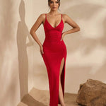 Red Deep V-Neck Ruched Bodycon High Slit Maxi Dress