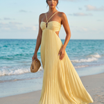 Yellow Pleated Halter Neck Cut Out Slim Fit Maxi Dress