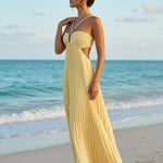 Yellow Pleated Halter Neck Cut Out Slim Fit Maxi Dress
