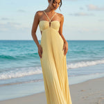 Yellow Pleated Halter Neck Cut Out Slim Fit Maxi Dress