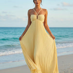 Yellow Pleated Halter Neck Cut Out Slim Fit Maxi Dress