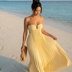 Yellow Pleated Halter Neck Cut Out Slim Fit Maxi Dress