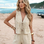 Beige Bohemian Lace Embroidered Slim Fit Mini Two-Piece Set