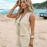 Beige Bohemian Lace Embroidered Slim Fit Mini Two-Piece Set