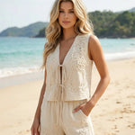 Beige Bohemian Lace Embroidered Slim Fit Mini Two-Piece Set