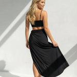 Black Spaghetti Strap Crop Top Twist Front Ruched Slit Midi Skirt Set