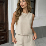Beige Linen Blend Relaxed Fit Top Short Set
