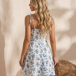 White Blue Floral Print Spaghetti Strap Mini Vacation Dress
