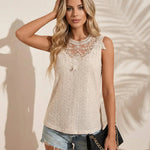 Beige Lace Trim Eyelet Embroidery Sleeveless Casual Top