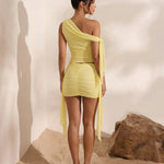Sexy Yellow One Shoulder Ruched Mesh Crop Top Mini Skirt Set