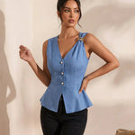 Blue Asymmetric Metal Buckle Peplum Crop Office Top