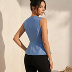 Blue Asymmetric Metal Buckle Peplum Crop Office Top