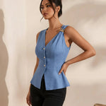 Blue Asymmetric Metal Buckle Peplum Crop Office Top