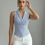 Blue Striped Notch Neck Back Bow Tie Blouse