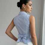 Blue Striped Notch Neck Back Bow Tie Blouse