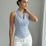 Blue Striped Notch Neck Back Bow Tie Blouse