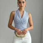 Blue Striped Notch Neck Back Bow Tie Blouse