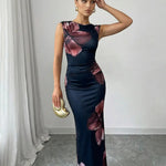 Elegant Floral Print Round Neck Satin Fitted Maxi Dress
