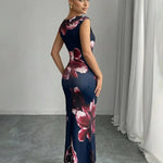 Elegant Floral Print Round Neck Satin Fitted Maxi Dress