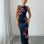Elegant Floral Print Round Neck Satin Fitted Maxi Dress