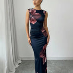 Elegant Floral Print Round Neck Satin Fitted Maxi Dress