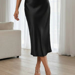 Elegant Black Satin Slip High Waist Midi Skirt