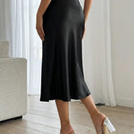 Elegant Black Satin Slip High Waist Midi Skirt
