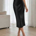 Elegant Black Satin Slip High Waist Midi Skirt