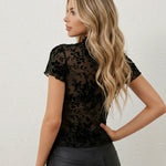 Black Floral Print Sheer Mesh High Neck Lace Short Sleeve Top