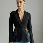 Black Sheer Floral Lace Inset Structured Blazer