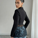 Black Sheer Floral Lace Inset Structured Blazer