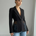 Black Sheer Floral Lace Inset Structured Blazer