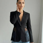 Black Sheer Floral Lace Inset Structured Blazer