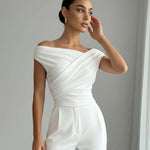 Elegant White Draped Off Shoulder Ruched Crop Top