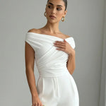 Elegant White Draped Off Shoulder Ruched Crop Top