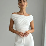Elegant White Draped Off Shoulder Ruched Crop Top