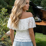 White Off-Shoulder Ruffle Lace Crop Top