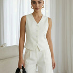 White  V-Neck  Button Up Vest Shorts Knee Length Set
